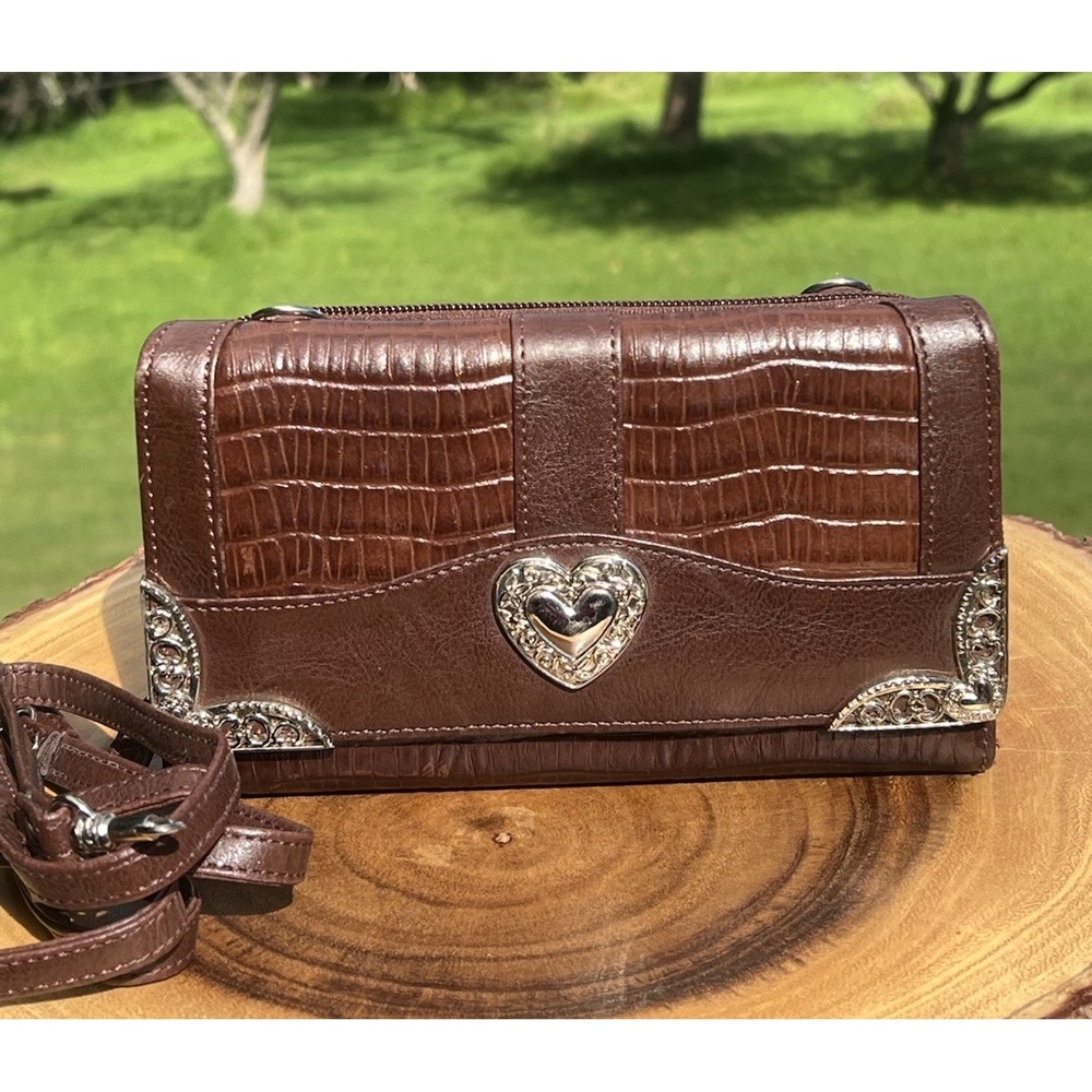 Brown Croc Embossed Heart Wallet Crossbody Organizer Western Y2K Purse